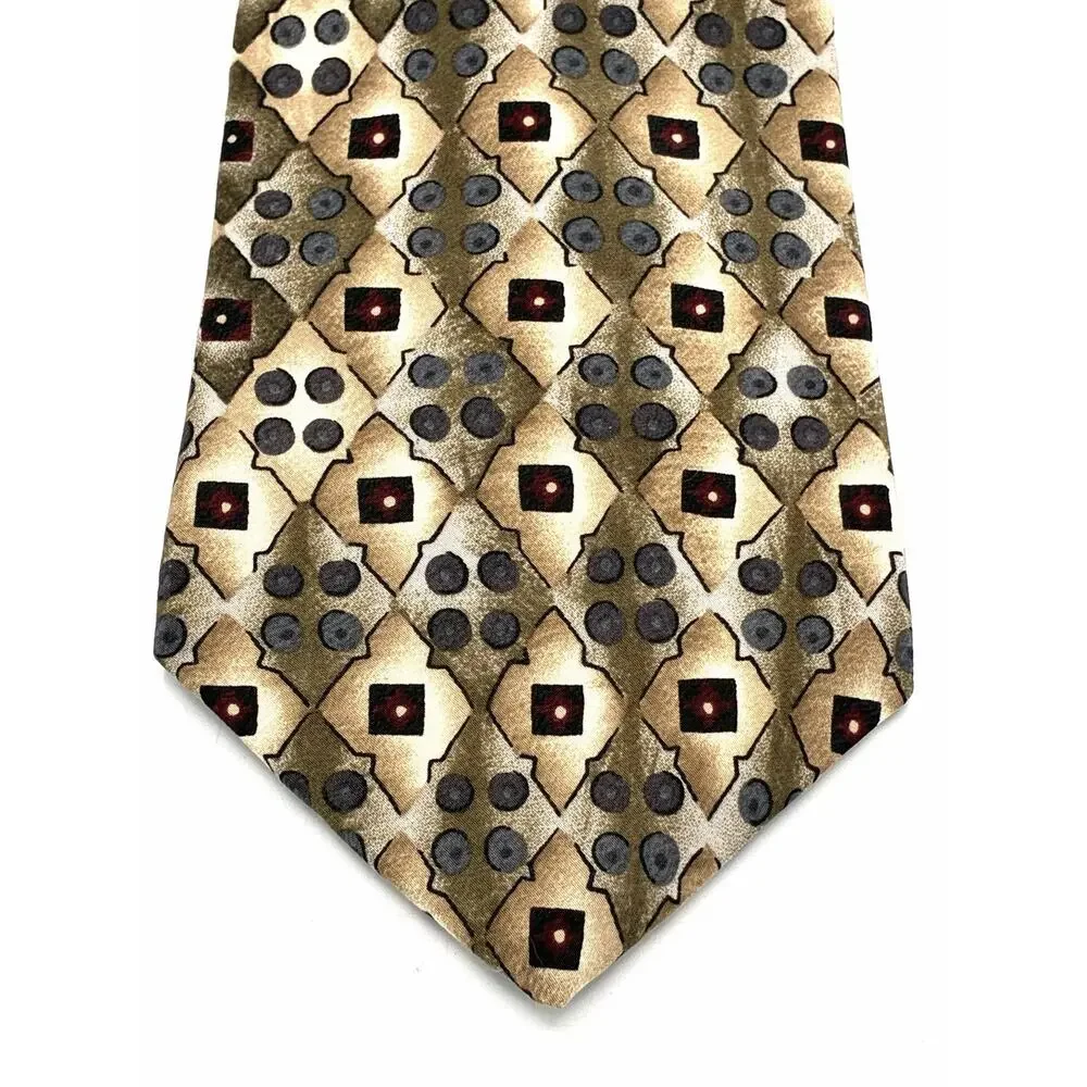 Vintage Perry Ellis Tie Geometric Gold Brown Gray Burgundy Mens Necktie